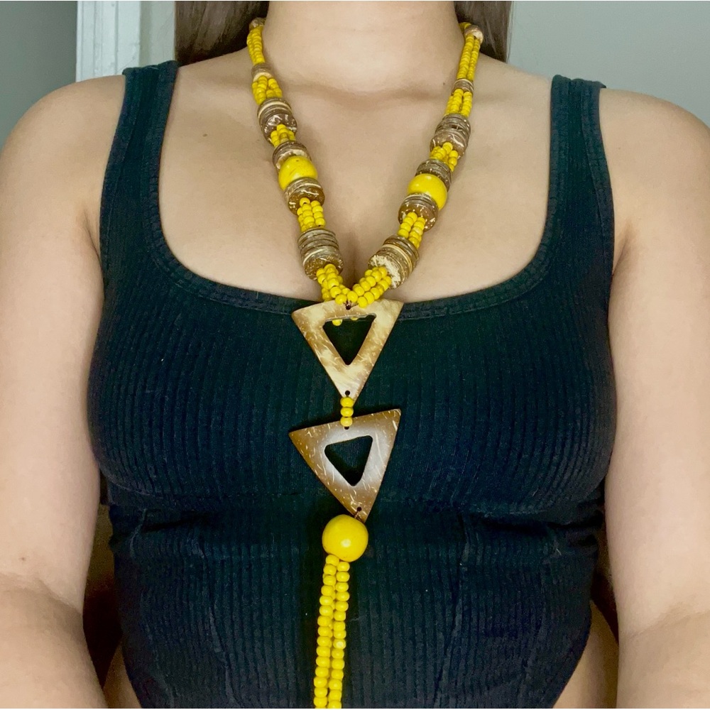 vintage retro 80’s yellow brown beaded necklace with wooden triangle charm